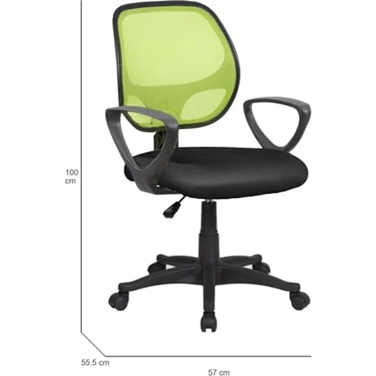 Dmora - Stuhl mit Rädern Geraldton, Mesh-Arbeitsstuhl mit Armlehnen, ergonomischer Bürositz, 56x57h88/100 cm, Schwarz und Grün – Bild 3