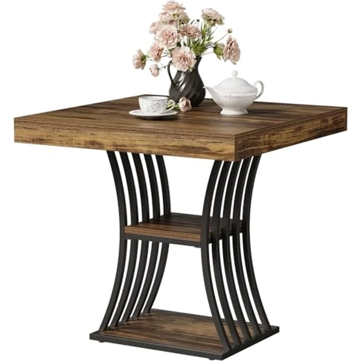 LITTLE TREE 31,5-Zoll-Quadratischer Esstisch für 2 Personen, 2-stufiger Küchentisch im Industriestil mit Stauraum, Metallgestell für Esszimmer, Wohnzimmer, kleine Räume (Braun und Schwarz) – Bild 1