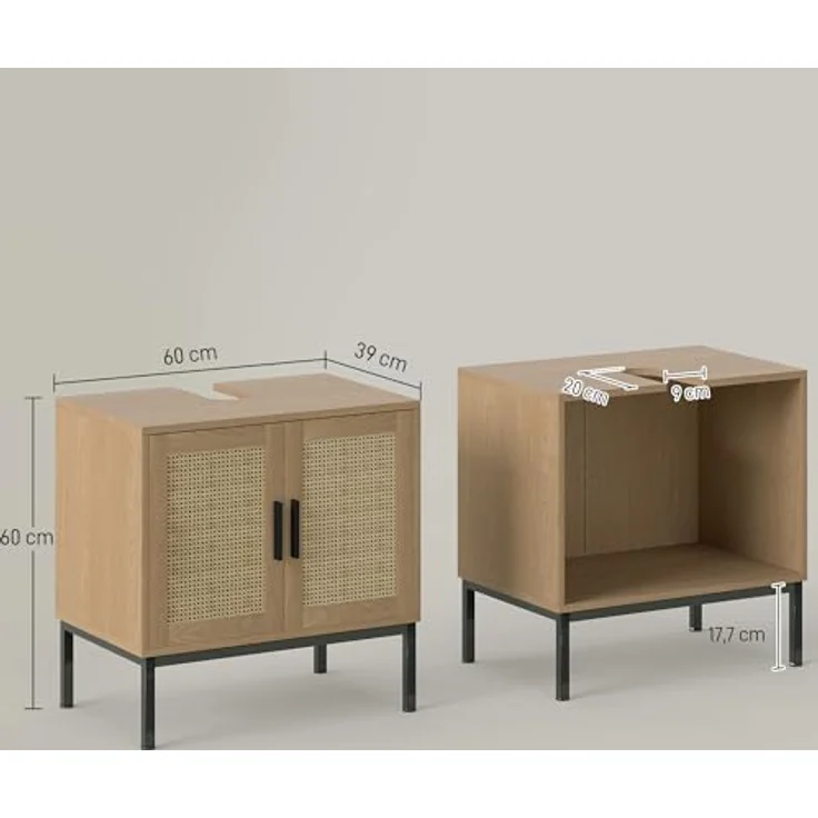 kleankin Waschbeckenunterschrank Unterschrank mit Schrankfach, Waschtischunterschrank mit Rattanoptik, Badunterschrank mit Kippschutz, Eiche, 60 x 39 x 60 cm – Bild 4