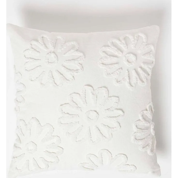 Homescapes Dekokissen Tufted Kissen weiß 45 x 45 cm – Dekokissen Blumen