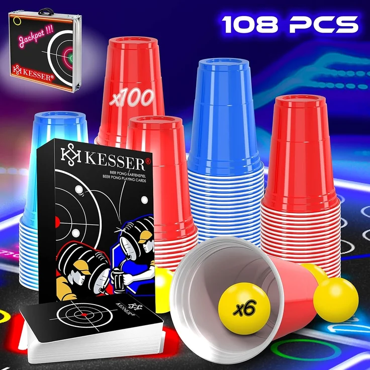 KESSER® Beer Pong Tisch Set mit LED, Kartenspiel, 100 Becher & 6 Bälle, höhenverstellbar / klappbar, Aluminium schwarz, 61 x 244 x 76 cm – Bild 5