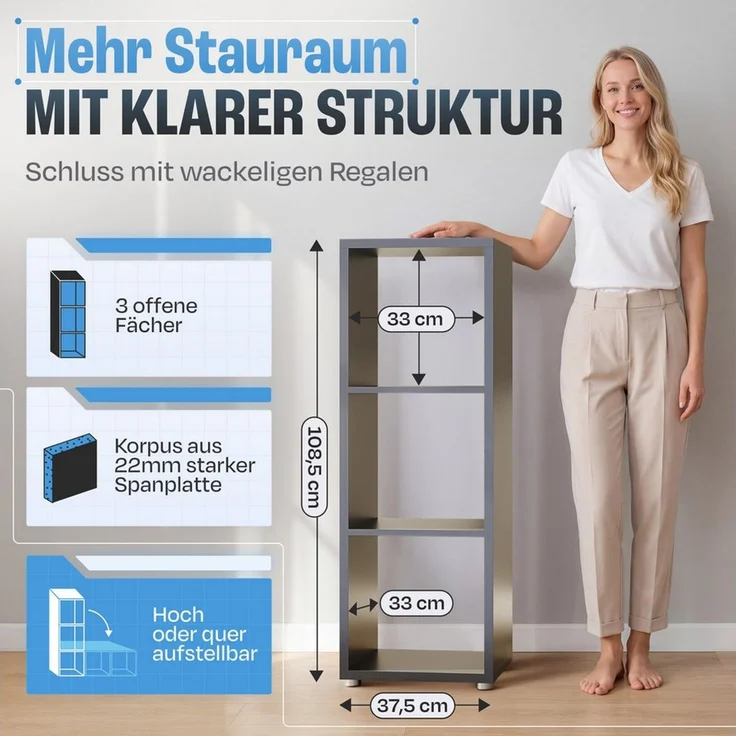 BMG Möbel Standregal NIZZA, Aktenregal, Würfel, Säulen Regal mit 3 Fächern, Made in Germany – Bild 3