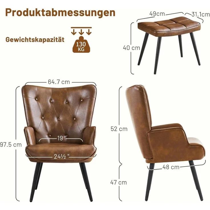 Sessel Ohrensessel Hocker PU Kunstleder Fußstütze mit Hocker Braun – Bild 2