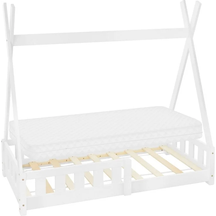 ML-DESIGN Spielbett Hausbett Tipi Zeltbett inkl. Lattenrost Bodenbett Kinder Himmelbett, Abenteuerbett mit Rausfallschutz Zelt Bett Kiefer Weiß Kinderhaus – Bild 1
