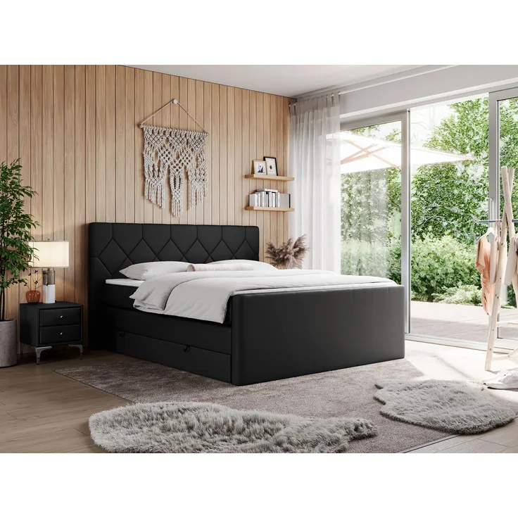 Boxspringbett KING EIGAR, mit einer Doppelmatratze, einem genähten Kopfteil - 160x200 - Schwarz Kunstleder - H3