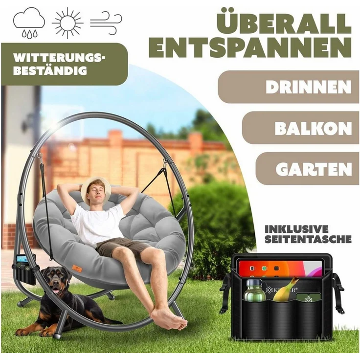 KESSER® Hängesessel mit Gestell BALI Hängeschaukel Hängestuhl bis 150kg für Indoor und Outdoor + Kissen & Seitentasche Hängekorb Stahlgestell & Schaumstoff Sitzpolster ideal für Wohnzimmer & Garten Grau – Bild 3