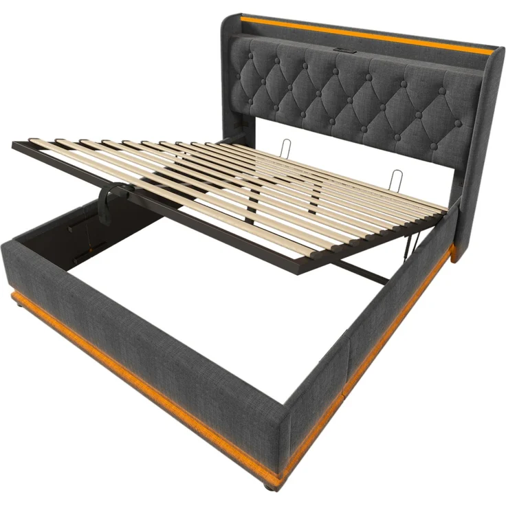 Polsterbett Leinen mit LED, USB-Anschluss & Stauraum, 140x200 cm, Grau, mit Matratze – Bild 10