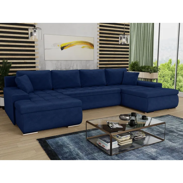 Wohnlandschaft mit Schlaffunktion Faris U-Form - Couch, Schlafsofa mit Bettkasten, Couchgranitur mit Bettfunktion, Big Sofa, Bettsofa (Blau (Kronos 09))