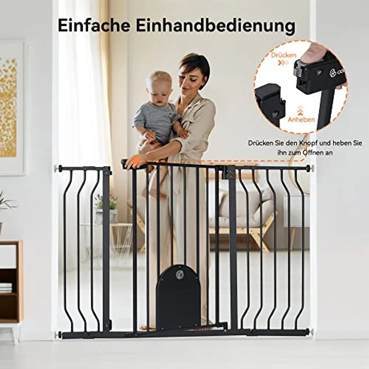 COMOMY Türschutzgitter für Babys, Treppenschutzgitter Ohne Bohren, für Breiten 75-123cm, Schließt Automatisch, Einhändiges Öffnen, Doppelter Schließmechanismus, Anti-Pinch-Drehpunkt-Design, Schwarz – Bild 6