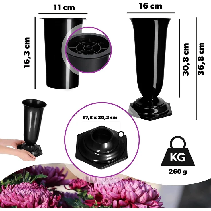 KADAX Vase, Fläschchen, Blumen, Grabstein, Friedhof, Grabstein, Einsatzsockel, Schwarz, 37 cm – Bild 3