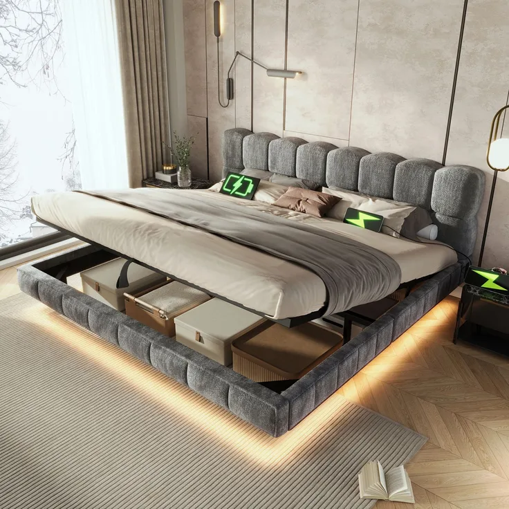EINHOM Bett Polsterbett Doppelbett Jugendbett in Schwebeoptik, Bubble Design Wolkenbett, Hydraulischer Stauraum, LED, Ladeanschluss (USB & Typ-C), Chenille, 180 x 200 cm, Grau, (Ohne Matratze)