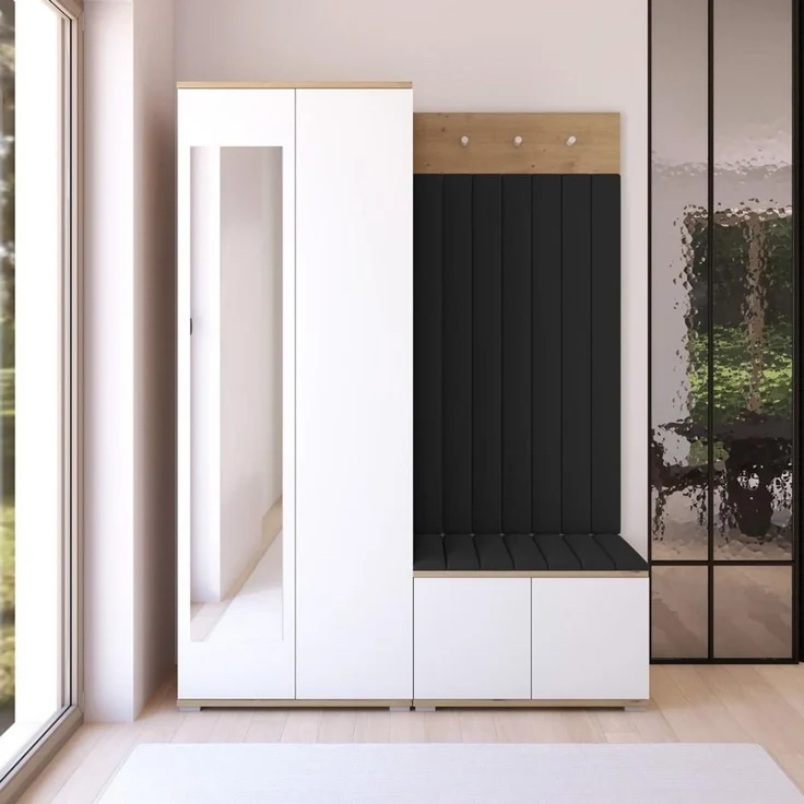 Garderoben-Set Aura Version 7: Kleiderschrank mit Polsterpaneelen, Schuhschrank Flur und Eingangsbereich (weiß/Artisan-Eiche /Trinity 16), 185 x 40 x 140 cm – Bild 7
