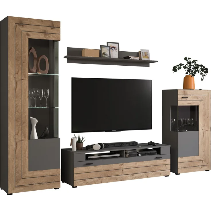 Xonox 'Freno' Wohnwandkombination, 4-teilig, Holzwerkstoff grau / nox eiche, 290 x 40 x 194 cm