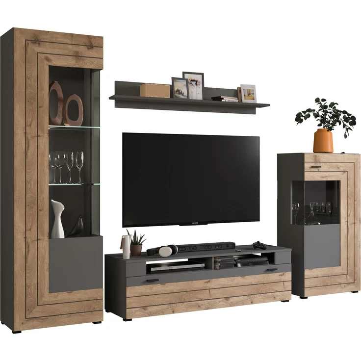 Xonox 'Freno' Wohnwandkombination, 4-teilig, Holzwerkstoff grau / nox eiche, 290 x 40 x 194 cm – Bild 1
