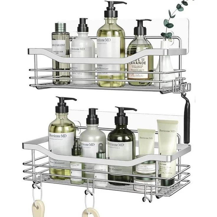 SURFOU Duschregal Duschablage Set ohne Bohren, Edelstahl Regal für Bad und Küche, Duschablage ohne Bohren 2 Stück set, mit 5 haken, zur Aufbewahrung von Shampoo, Duschgel, Handtüchern, Toilettenartikeln und Reinigungsmitteln, Rostfreier Wand-Duschregal – Bild 4
