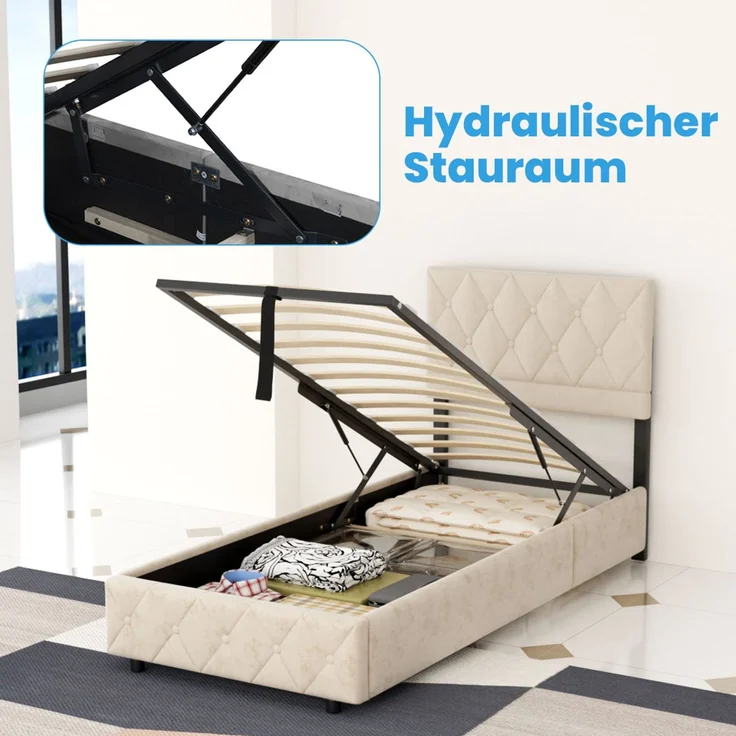 Polsterbett aus Kunstleder mit Aufbewahrungsbox & Lattenrost, ohne Matratze, 90x200 cm, Beige – Bild 7