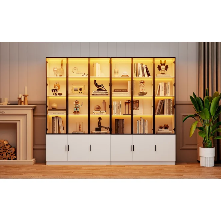 240*32*200cm Vitrine, Standvitrine mit 12 Schranktüren, Hochschrank, Glasvitrine mit LED, Wohnzimmerschrank 240 cm breit, Multifunktionsschrank, Großer Schrank, Weiß--Weiß--240x32x200cm--YOUDENOVA – Bild 5