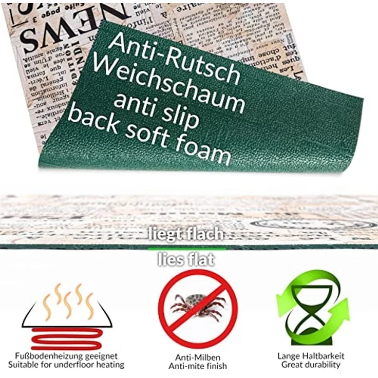 ANRO Küchenläufer Hochwertig GreenLine Flurläufer Teppichläufer Textil, Eckig, Bodenläufer 100x52cm Newspaper Beige pflegeleicht – Bild 4