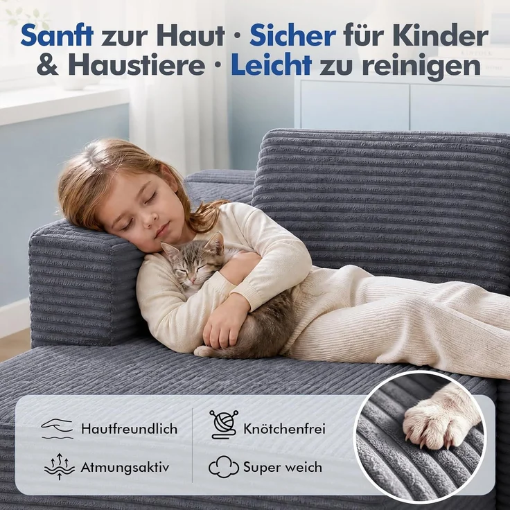 COMHOMA Ecksofa mit Schlaffunktion, 255cm Corduroy Modulares Boneless Couch mit Chaiselongue & Rücken-Metallgestell, L-Form Schlafsofa mit offenem Design, Kissen & Seitentaschen,für Wohnzimmer, Gris-R – Bild 14