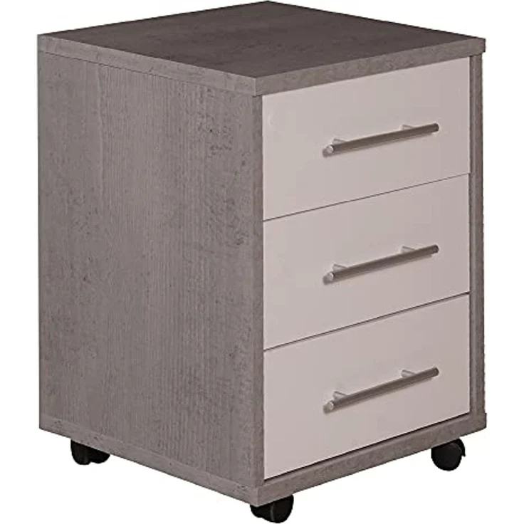 Dmora Bürokommode mit 3 Schubladen auf Rollen, Dokumentenhalter, eleganter Schreibtisch-Nachttisch, cm 43x40h57, Farbe Zement und Weiß – Bild 4
