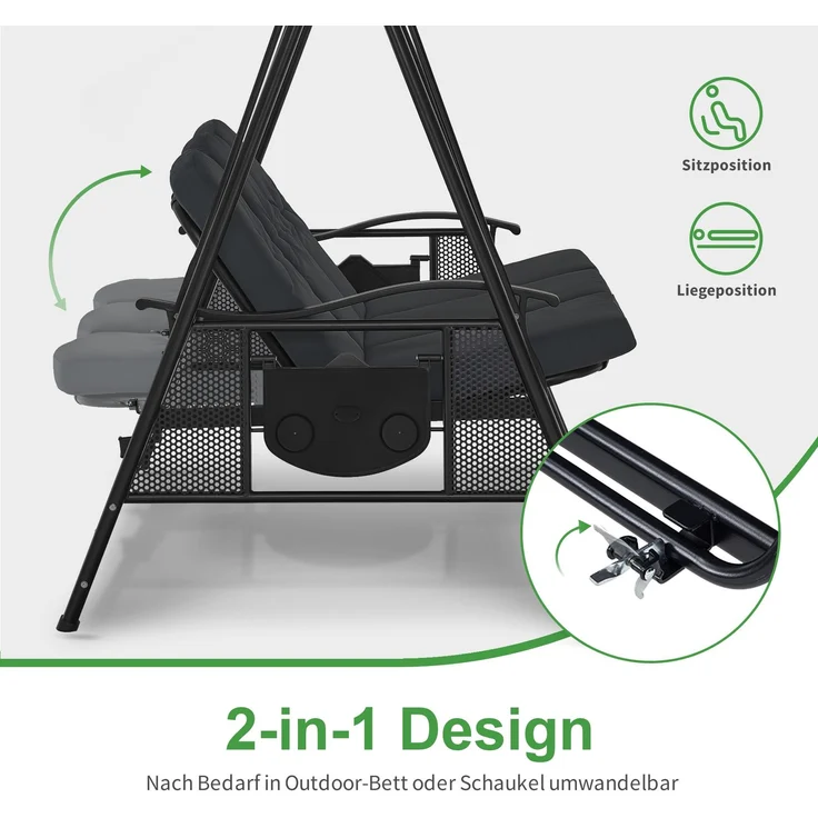M MCombo 3-Sitzer Hollywoodschaukel mit Liegefunktion, Verstellbarem Sonnendach & Getränkehalter, Gartenschaukel bis 360kg Belastbar Schaukelbank Outdoor Wetterfest, 4093 (dunkgelgrau) – Bild 4
