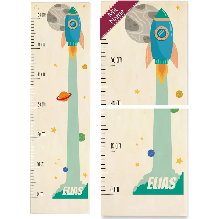 Kind Holz - Weltall - Kindermesslatte Rakete mit Name I Weltraum Baby Messlatte Raumfahrt I Weltraum Astronaut - 0-60 cm - Holz - personalisierte kleinkinder geschenke kinder sterne messholz