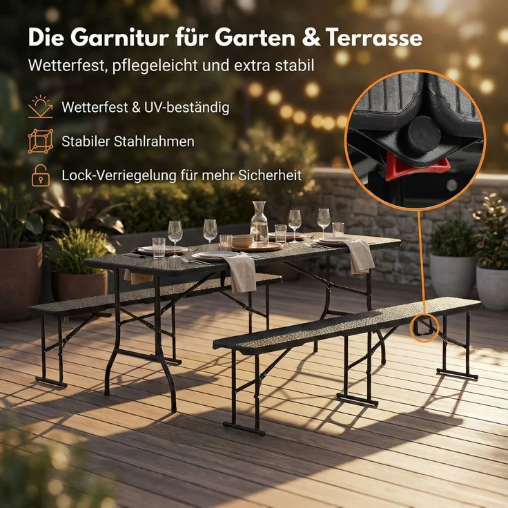 Albatros Bierzeltgarnitur Rattan – robuste Biertischgarnitur Klappbar und hohe Tragkraft – Set aus 2x Bierbank und 1x Biertisch für bis zu 10 Personen – Bierbankgarnitur – Bild 6
