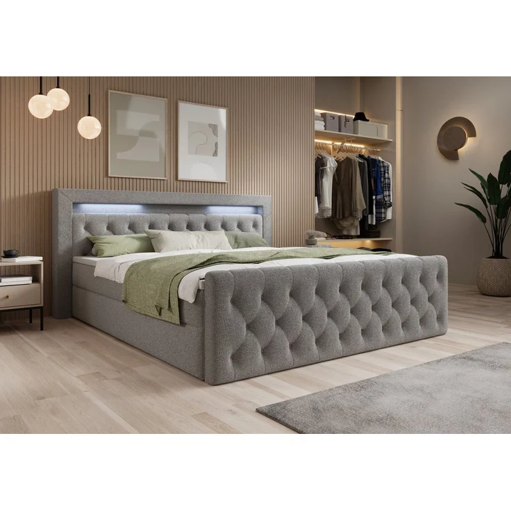 thematys Boxbett LED mit Bettkasten 180x200cm, mit Bonnellfederkernmatratze H3, Bouclé/Velours, mit Stauraum, mit 3 cm Topper, Grau (Quelle 83), Art.-Nr. S04JN0YRAFY – Bild 3