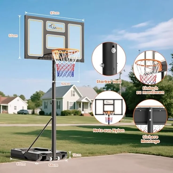 SAMAX Basketballkorb / Basketballständer 100-305 cm höhenverstellbar mit Rollen inkl. Netz – Bild 4