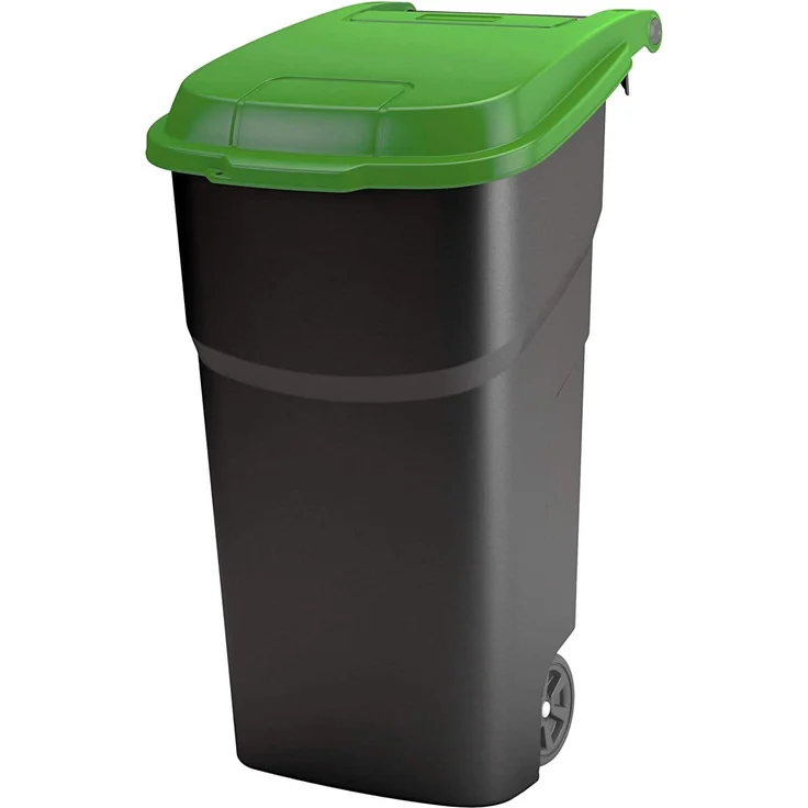 Rotho Atlas Mülltonne 100l mit Deckel und Rollen, Kunststoff (PP) BPA-frei, schwarz-grün, 100l (59,0 x 51,0 x 92,0 cm)