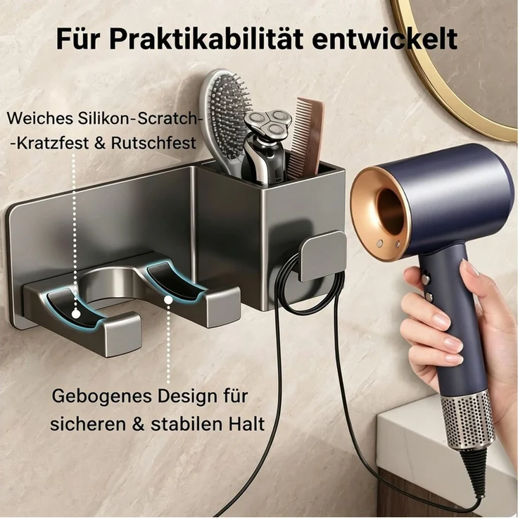 ibettertec Haartrocknerhalter Föhnhalter Wand Ohne Bohren, mit Kabelhalter und Aufbewahrung, (Praktisches Wandregal für Föhn-Badezimmer Aufbewahrung, für Haushalte Badezimmer Hotels Gästezimmer Friseursalons Barbershops) – Bild 2