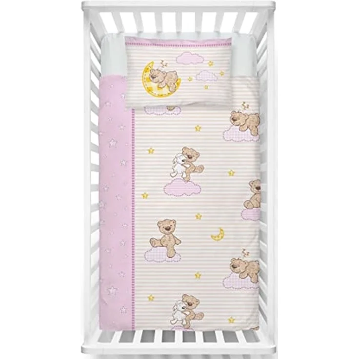 LINKHOFF Babybettwäsche Biber Bettwäsche 100x135cm Rosa Teddy - 100% Baumwolle Reißverschluss, Bärchen, Teddy Bären, Fein-Biber Flanell Bettwäsche – Bild 1