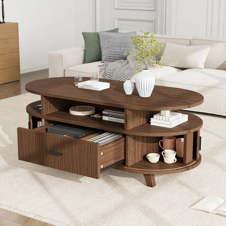 Couchtisch oval, B 100 x T 50 x H 40 cm, Walnussoptik, mit Schublade und Rolltüren