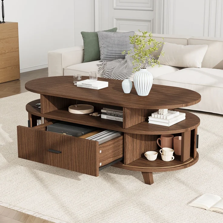 Couchtisch oval, B 100 x T 50 x H 40 cm, Walnussoptik, mit Schublade und Rolltüren – Bild 1