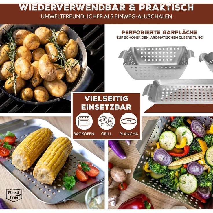 Veggie Grill-Set 13tlg. Grillkörbe, Grillplatten, Grillspießen und Maiskolbenhaltern aus rostfreiem Edelstahl – Bild 3