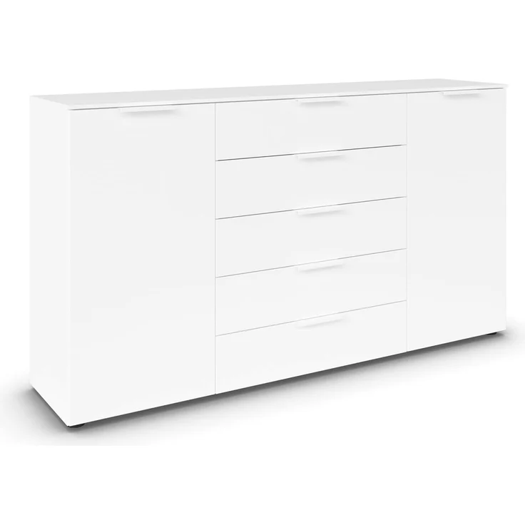 Rauch Möbel Flipp, Kombikommode, Kommode mit Stauraum für Wohnzimmer, Schlafzimmer, Flur, 4 Fachböden, Alpinweiß, 2-türig, 5 Schubkästen, Griffe weiß, 180 x 100 x 42 cm