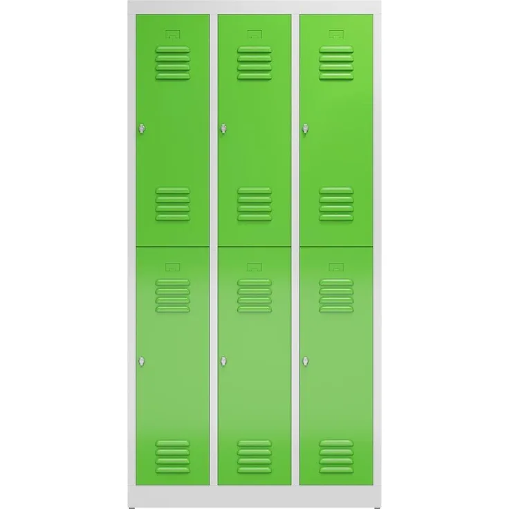 ClassiX Garderobenschrank, 3 Abteile doppelstöckig, 1800 x 900 x 500 mm, lichtgrau/gelbgrün