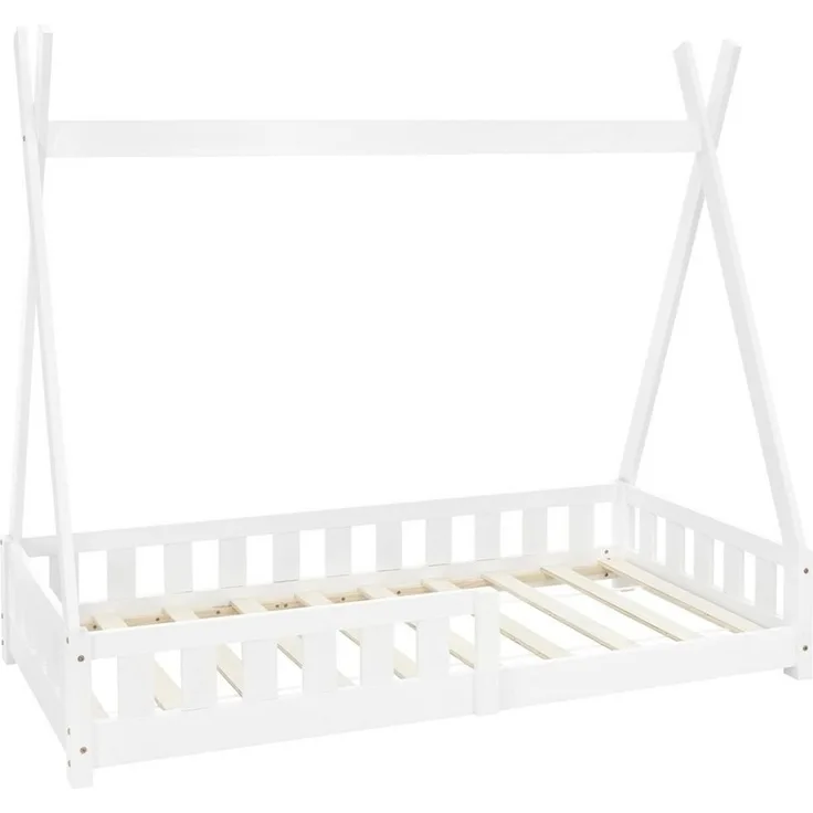 ML-DESIGN Kinderbett Hausbett Tipi Zeltbett inkl. Lattenrost Bodenbett Kinder Himmelbett, Abenteuerbett mit Rausfallschutz Zelt Spielbett Kiefer Weiß Kinderhaus