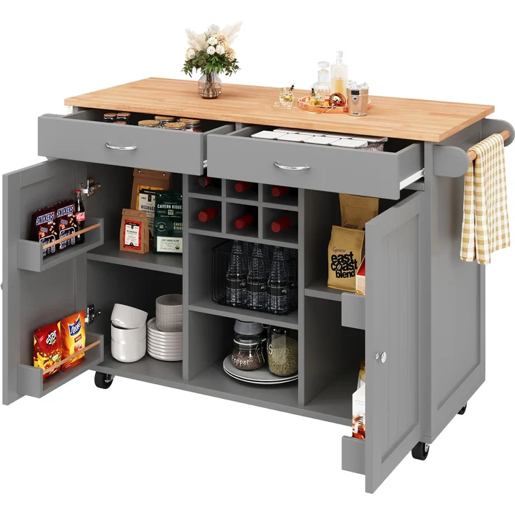 Kücheninsel Grau mit klappbarem Arbeitsbereich, multifunktionaler Esszimmerwagen, MDF-Tischplatte mit Holzmaserung, Zinkgriff,Weinregal und 360°Lenkrollen – Bild 8