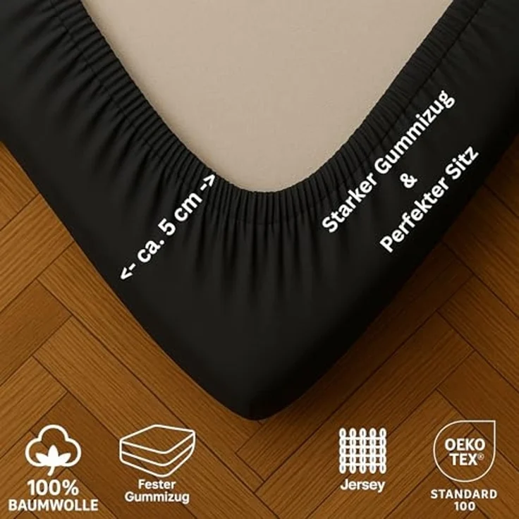EXKLUSIV HEIMTEXTIL Jersey Spannbettlaken Deluxe 90 x 200 cm Schwarz 160 GSM, 100% Baumwolle Öko - Tex Zertifiziert Bed-Sheet Bettlaken Spannbetttuch Topper Leinentuch – Bild 4