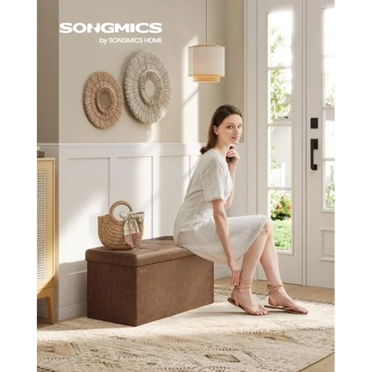 Songmics Sitzhocker mit Stauraum, klappbare Sitzbank, 38 x 76 x 38 cm Fußbank, Aufbewahrungsbox, bis 300 kg belastbar, für Wohnzimmer Schlafzimmer Flur, kaffeebraun LSF040K11 – Bild 3