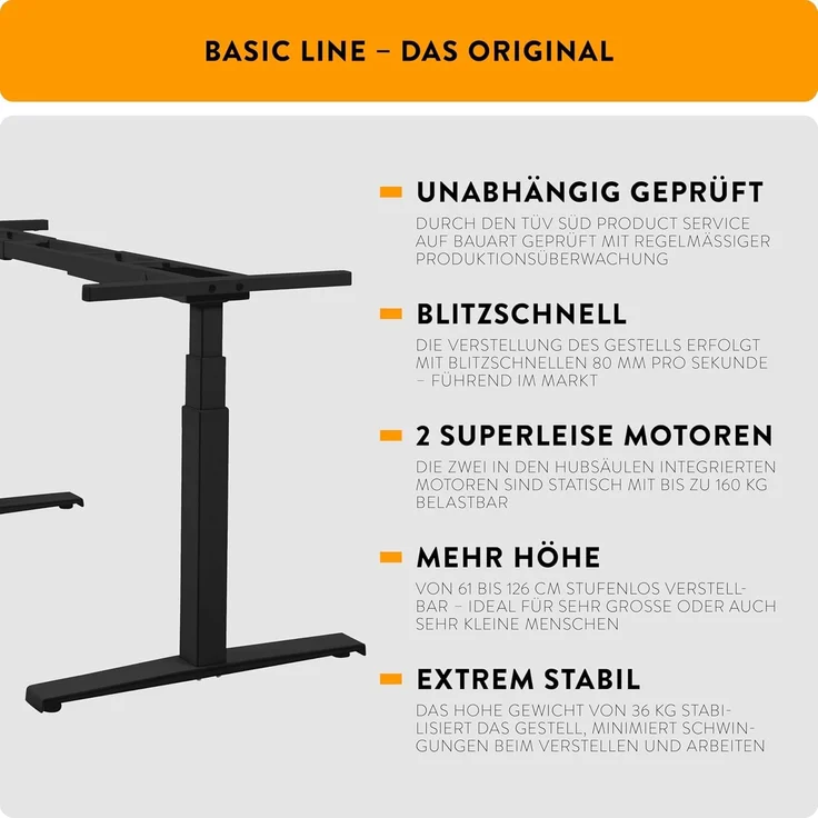 boho office® Schreibtisch Basic Line, Schwarz höhenverstellbar 80 mm/Sek, Tischplatte Lichtgrau 180 x 80 cm – Bild 9