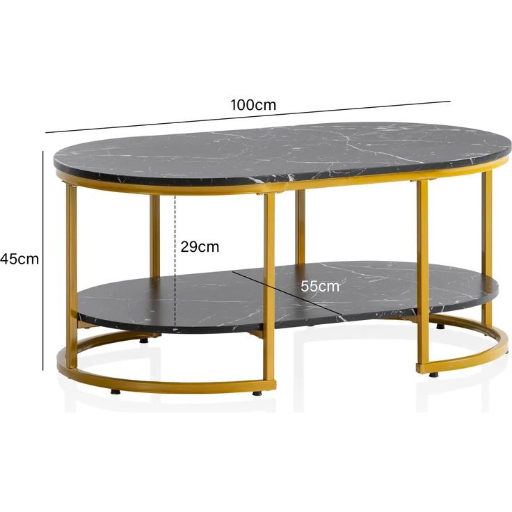 Couchtisch 100x60x45 cm Schwarz mit Marmor Optik, Design Wohnzimmertisch Rech... – Bild 3