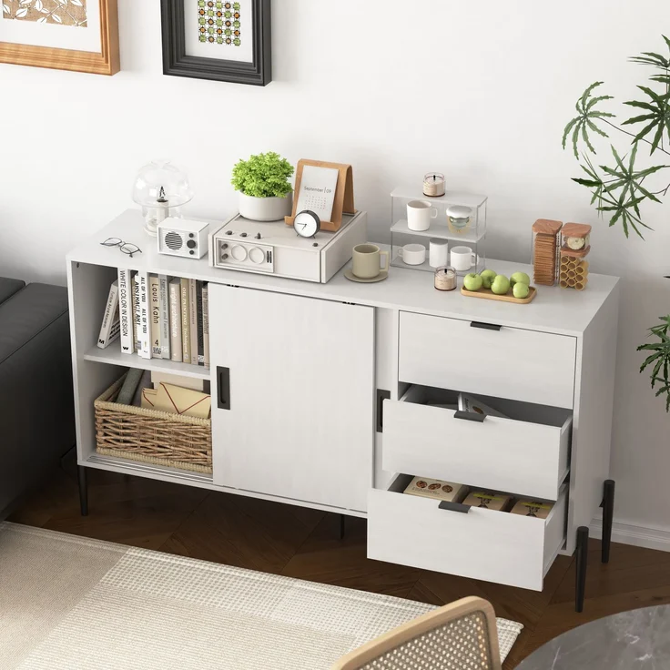 Klassisches Sideboard mit geripptem Glas und 3 Schubladen in Weiß, 160 lbs Tragfähigkeit – Bild 6