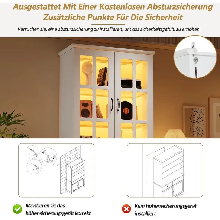 DESVIAE Vitrine mit LED-Beleuchtung und Glastüren 80x180x38 cm Spanplatte Weiß – Bild 6