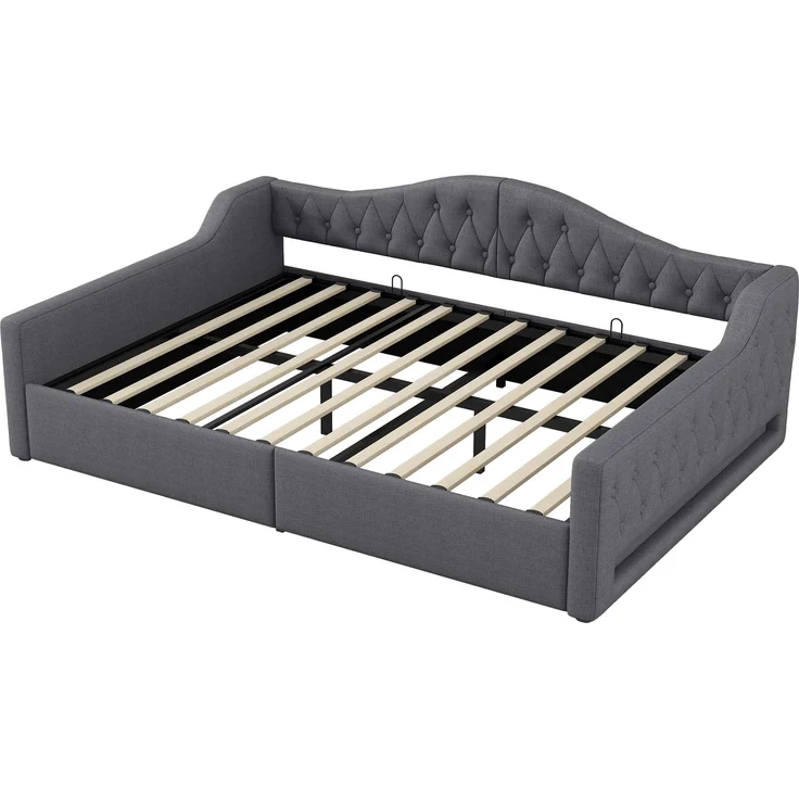 Tagesbett 140x200 cm mit LED-Beleuchtung & Stauraum, ohne Matratze, Leinen Grau – Bild 6