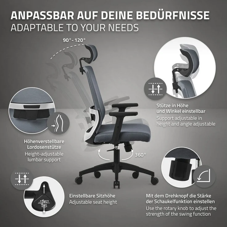 ML-DESIGN Bürostuhl Computerstuhl ergonomisch mit Verstellbarer Kopfstütze Gaming Stuhl, Schreibtischstuhl Grau mit mesh und Lendenwirbelstütze 68x66x123cm – Bild 3