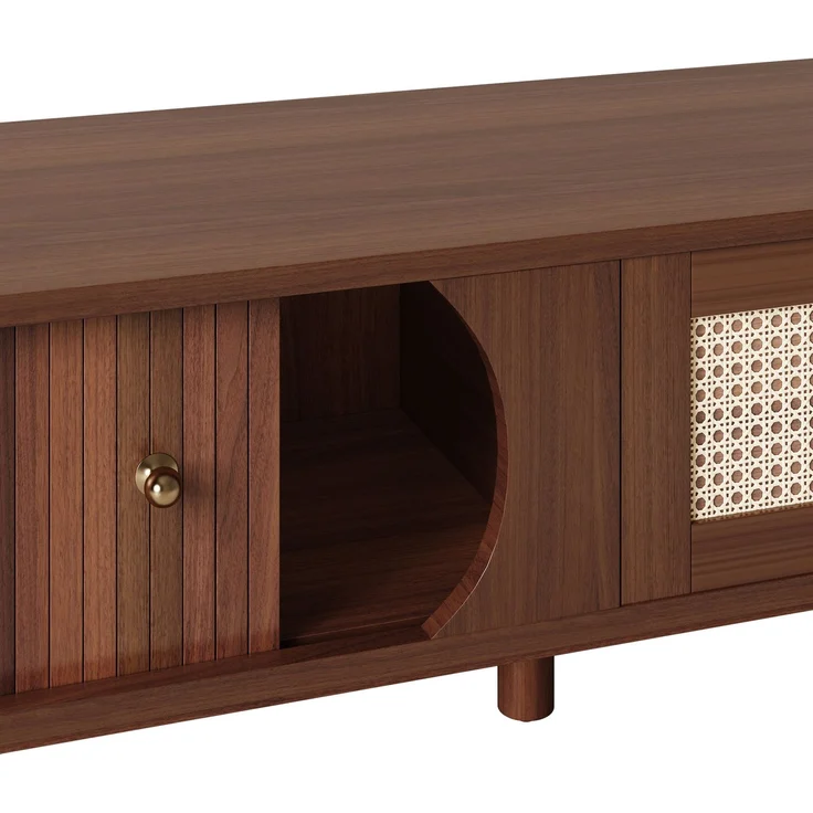 TV-Schrank Holz mit Rattanschubladen, Massivholztüren, Schiebetür, stabiles Design,Walnuss – Bild 9