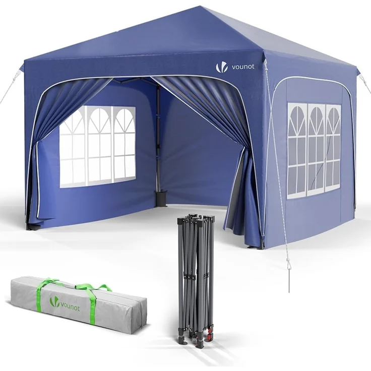 VOUNOT Pavillon 3x3 m mit 4 Seitenteilen & 4 Sandsäcke, Pop Up Faltpavillon, Wasserdicht, Faltbar Gartenzelt Partyzelt, inkl. Tasche, Blau