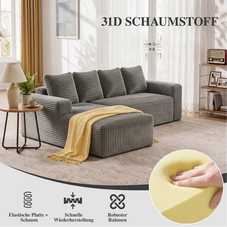 ANYSUN Ecksofa Couch L-Form, mit Liegeflache 4-Sitzer Ecksofa, Cord-Schlafsofa, 261×173 ×58 cm Modernes, modulares Sofa Links / Rechts Chaiselongue Sofa, Chaiselongue für Wohnzimmer und Schlafzimmer, montagefrei – Bild 3
